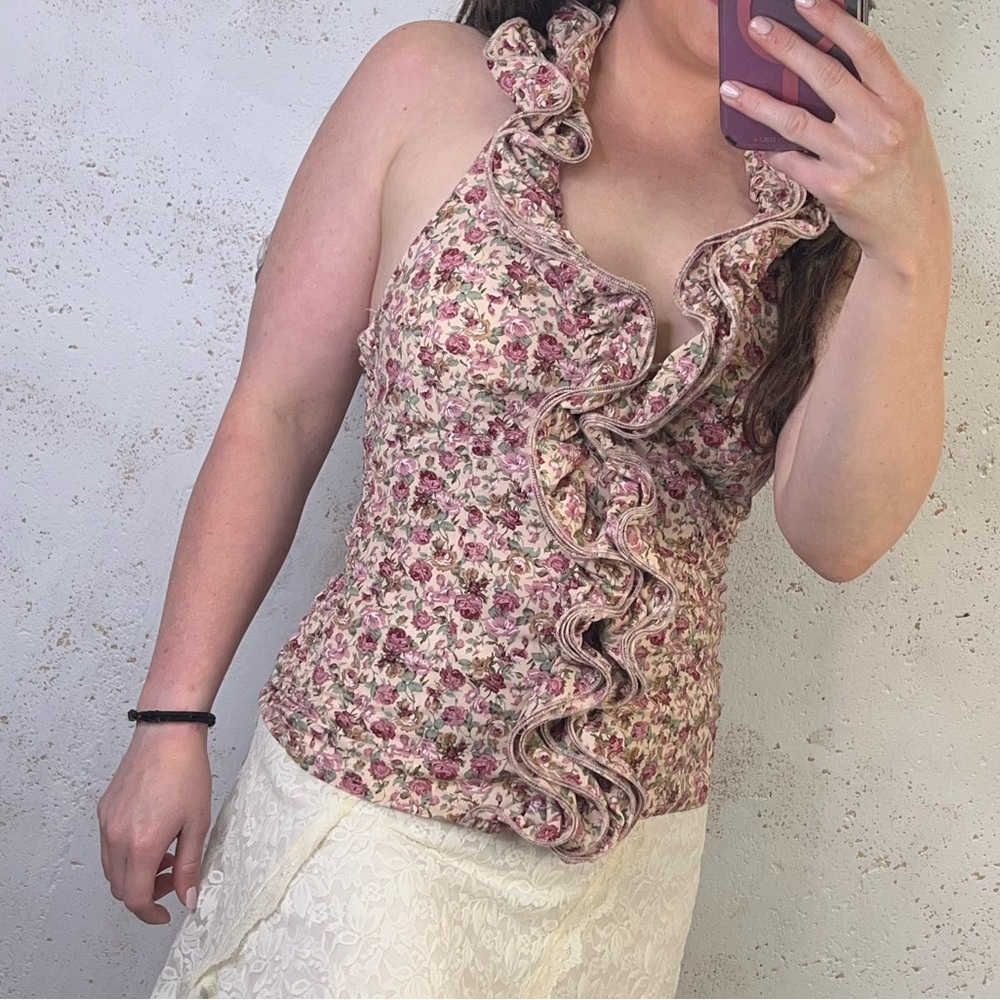Y2K 2000s Poetry Floral Halter Top with Pink and Green Ditsy Floral Print Small - Picture 5 of 10